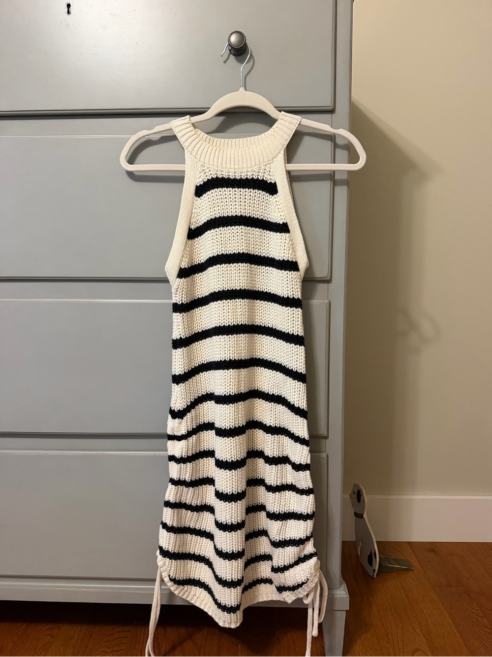 Striped Knit Halter Midi Dress in Ivory & Black